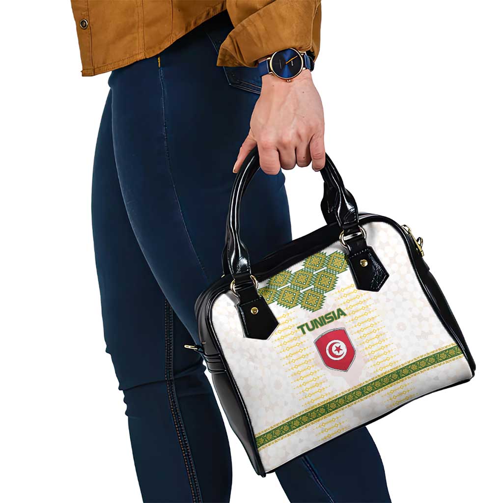 Tunisia Flag Traditional Tribal Pattern Green and White Pullover Shoulder Handbag with National Crest and Emblem