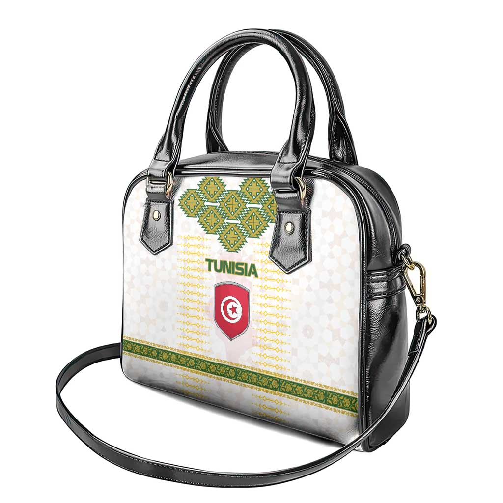 Tunisia Flag Traditional Tribal Pattern Green and White Pullover Shoulder Handbag with National Crest and Emblem