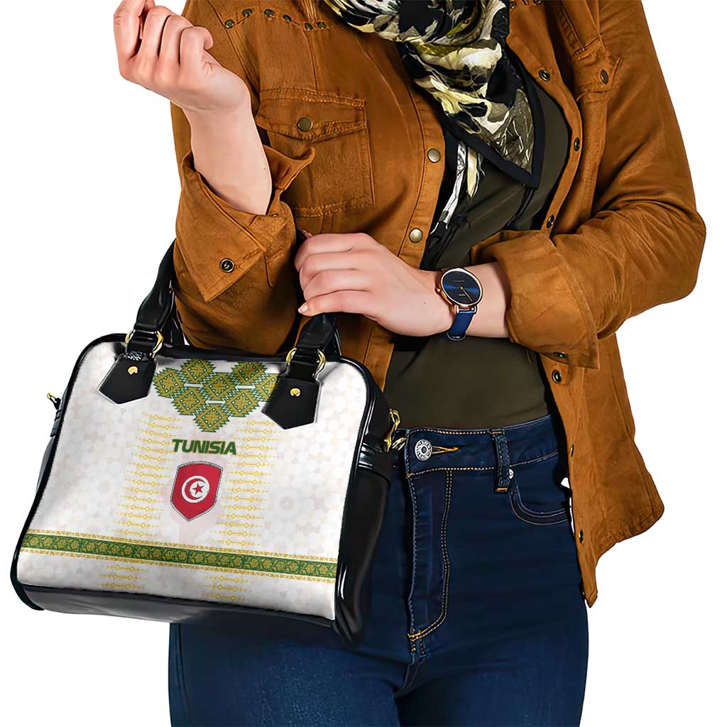 Tunisia Flag Traditional Tribal Pattern Green and White Pullover Shoulder Handbag with National Crest and Emblem