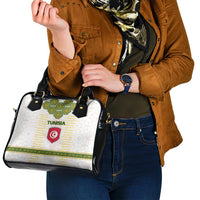 Tunisia Flag Traditional Tribal Pattern Green and White Pullover Shoulder Handbag with National Crest and Emblem