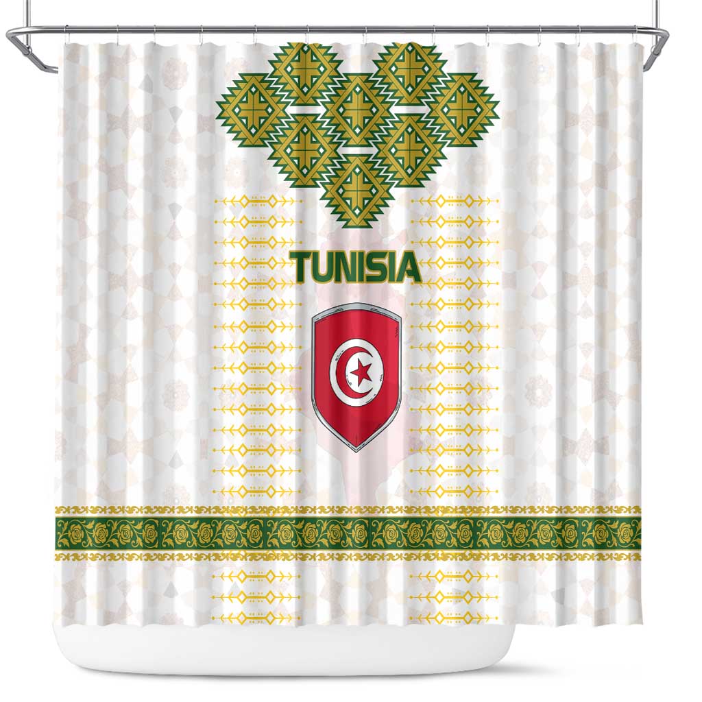 Tunisia Flag Traditional Tribal Pattern Green and White Pullover Shower Curtain with National Crest and Emblem
