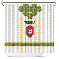 Tunisia Flag Traditional Tribal Pattern Green and White Pullover Shower Curtain with National Crest and Emblem