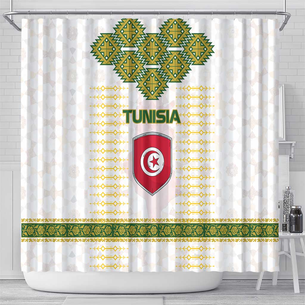 Tunisia Flag Traditional Tribal Pattern Green and White Pullover Shower Curtain with National Crest and Emblem