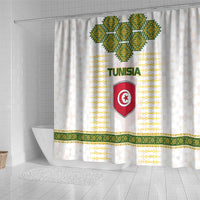 Tunisia Flag Traditional Tribal Pattern Green and White Pullover Shower Curtain with National Crest and Emblem