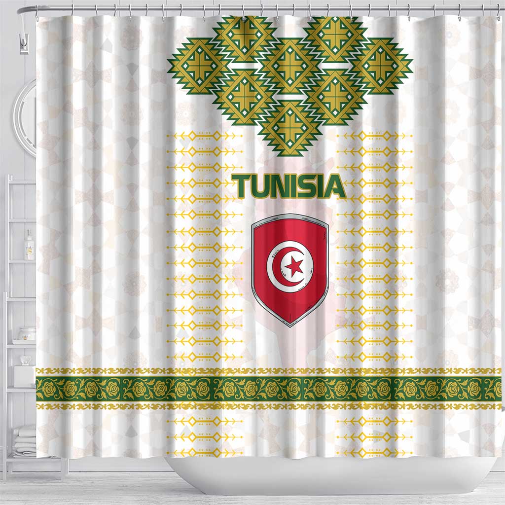 Tunisia Flag Traditional Tribal Pattern Green and White Pullover Shower Curtain with National Crest and Emblem