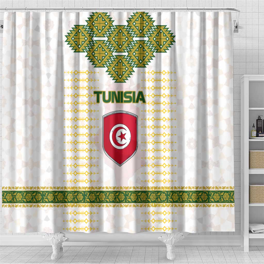 Tunisia Flag Traditional Tribal Pattern Green and White Pullover Shower Curtain with National Crest and Emblem