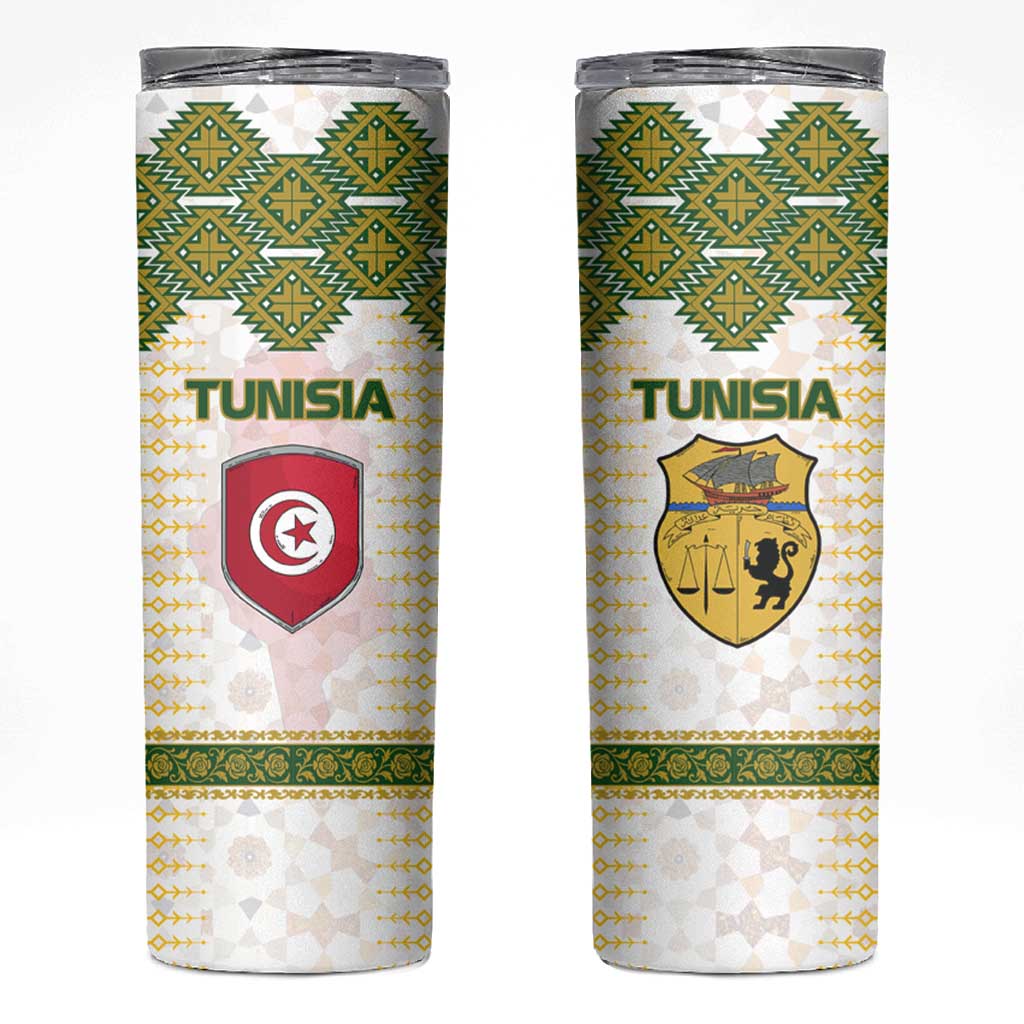 Tunisia Flag Traditional Tribal Pattern Green and White Pullover Skinny Tumbler with National Crest and Emblem