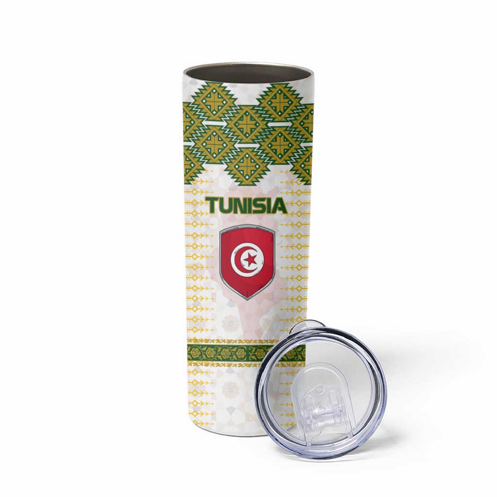 Tunisia Flag Traditional Tribal Pattern Green and White Pullover Skinny Tumbler with National Crest and Emblem