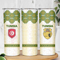 Tunisia Flag Traditional Tribal Pattern Green and White Pullover Skinny Tumbler with National Crest and Emblem