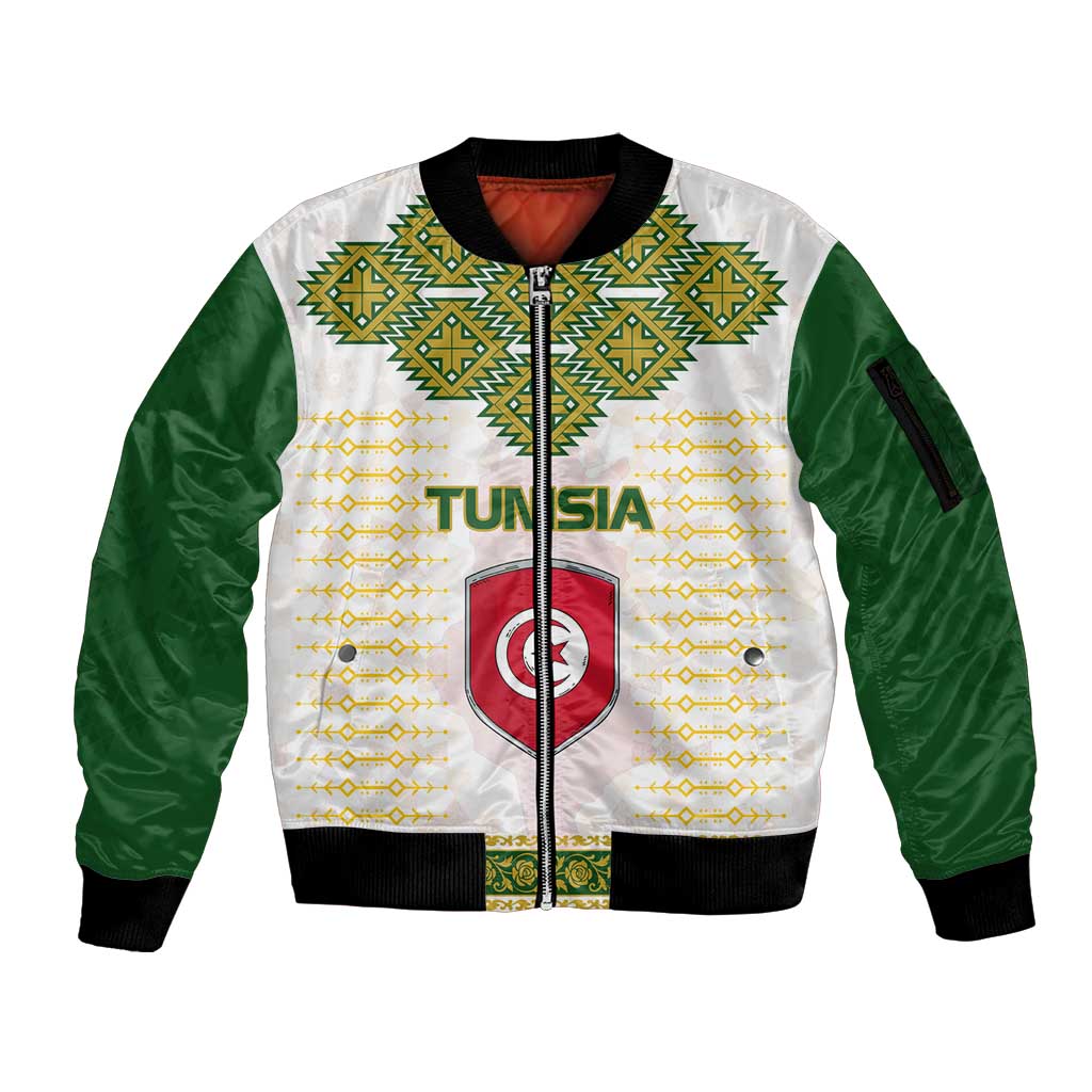 Tunisia Flag Traditional Tribal Pattern Green and White Pullover Sleeve Zip Bomber Jacket with National Crest and Emblem