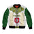 Tunisia Flag Traditional Tribal Pattern Green and White Pullover Sleeve Zip Bomber Jacket with National Crest and Emblem