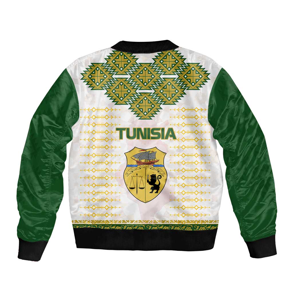 Tunisia Flag Traditional Tribal Pattern Green and White Pullover Sleeve Zip Bomber Jacket with National Crest and Emblem