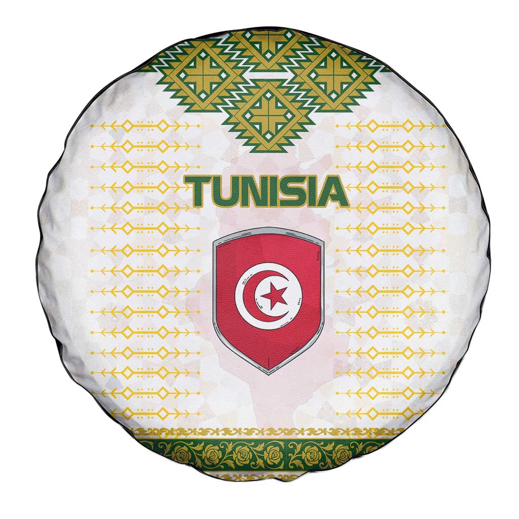 Tunisia Flag Traditional Tribal Pattern Green and White Pullover Spare Tire Cover with National Crest and Emblem