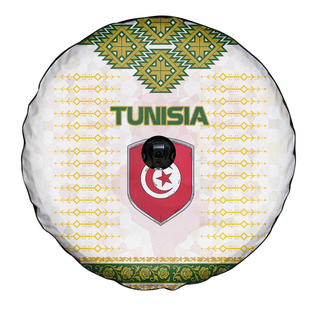 Tunisia Flag Traditional Tribal Pattern Green and White Pullover Spare Tire Cover with National Crest and Emblem