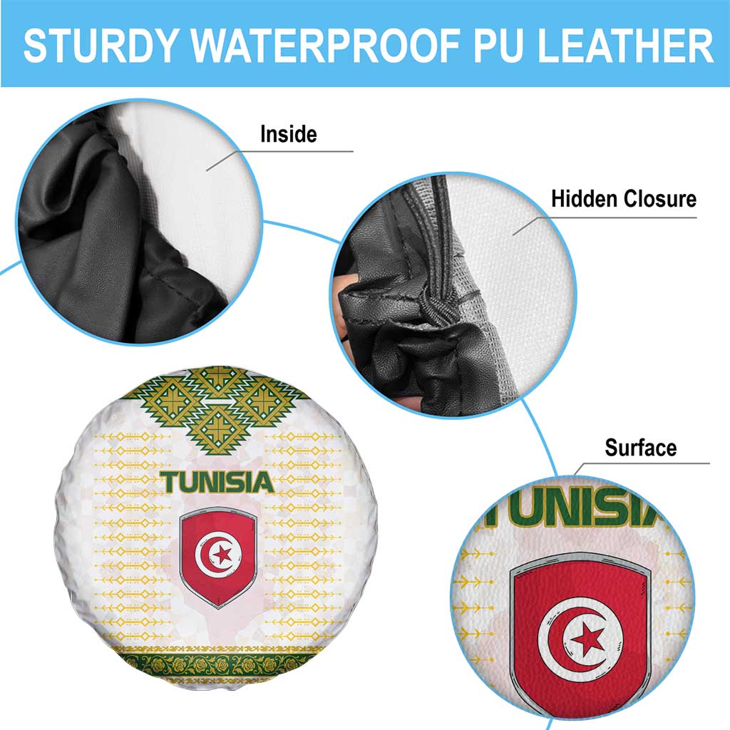 Tunisia Flag Traditional Tribal Pattern Green and White Pullover Spare Tire Cover with National Crest and Emblem