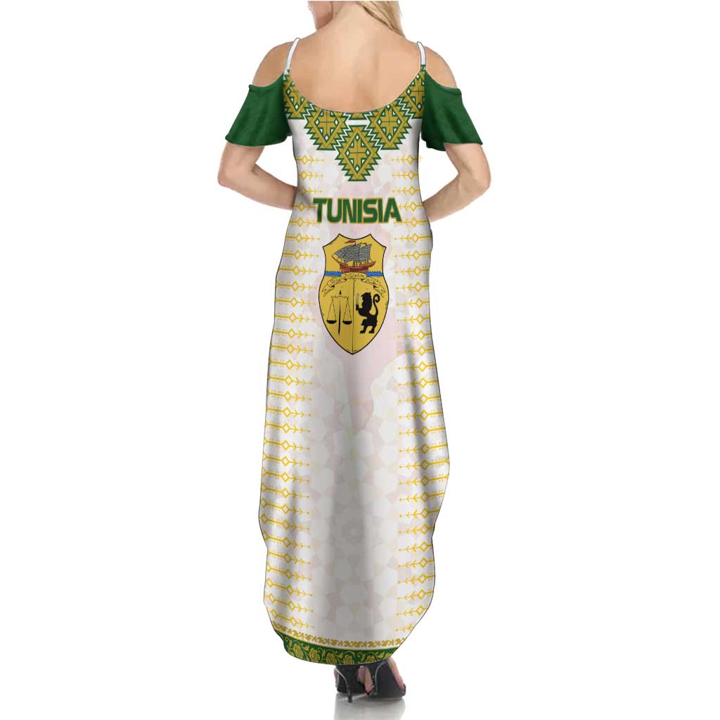 Tunisia Flag Traditional Tribal Pattern Green and White Pullover Summer Maxi Dress with National Crest and Emblem
