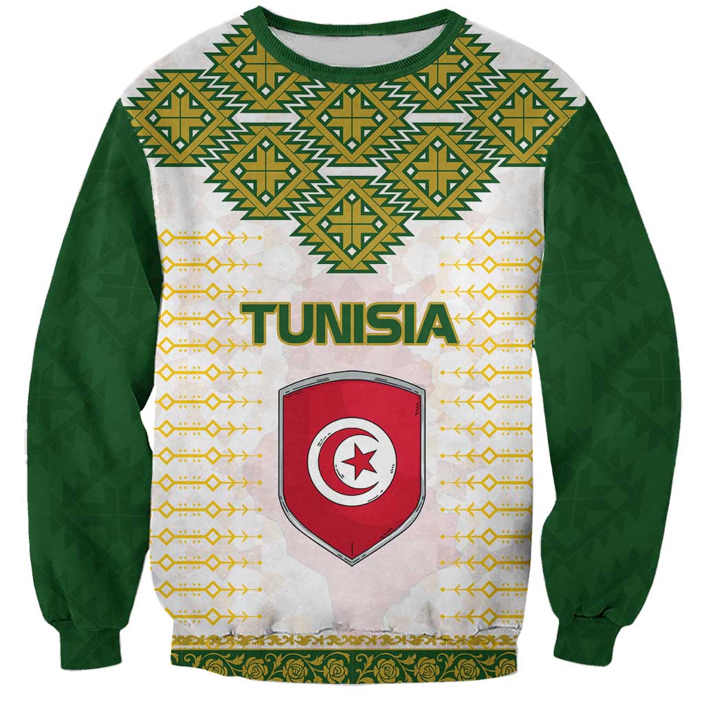Tunisia Flag Traditional Tribal Pattern Green and White Pullover Sweatshirt with National Crest and Emblem