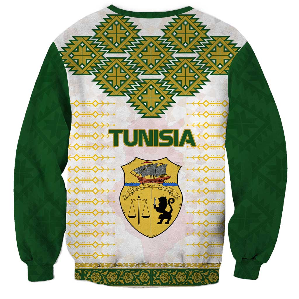 Tunisia Flag Traditional Tribal Pattern Green and White Pullover Sweatshirt with National Crest and Emblem