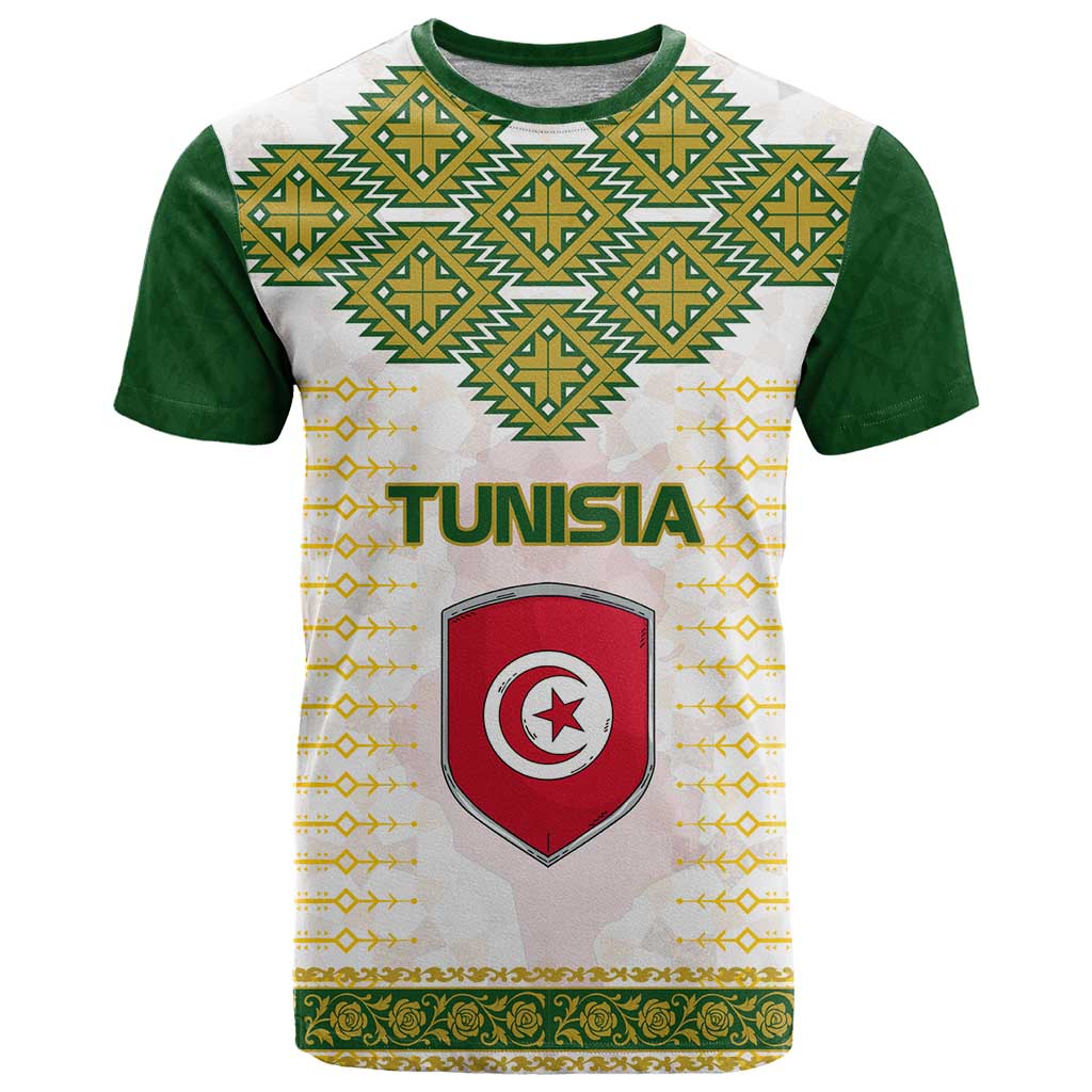 Tunisia Flag Traditional Tribal Pattern Green and White Pullover T Shirt with National Crest and Emblem