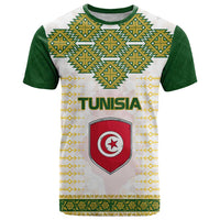 Tunisia Flag Traditional Tribal Pattern Green and White Pullover T Shirt with National Crest and Emblem