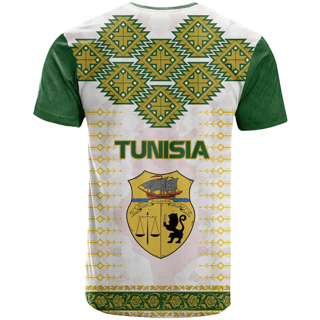 Tunisia Flag Traditional Tribal Pattern Green and White Pullover T Shirt with National Crest and Emblem