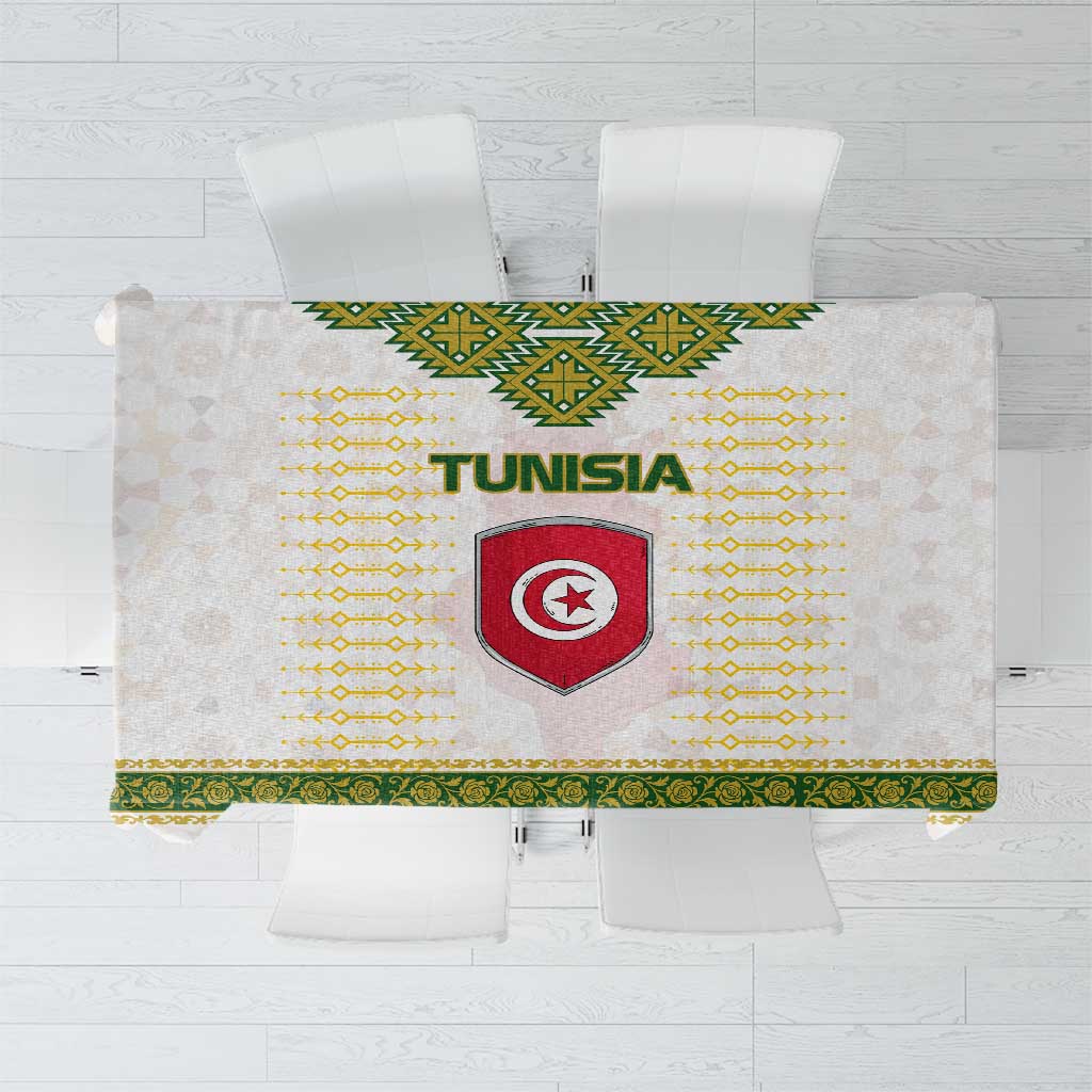 Tunisia Flag Traditional Tribal Pattern Green and White Pullover Tablecloth with National Crest and Emblem