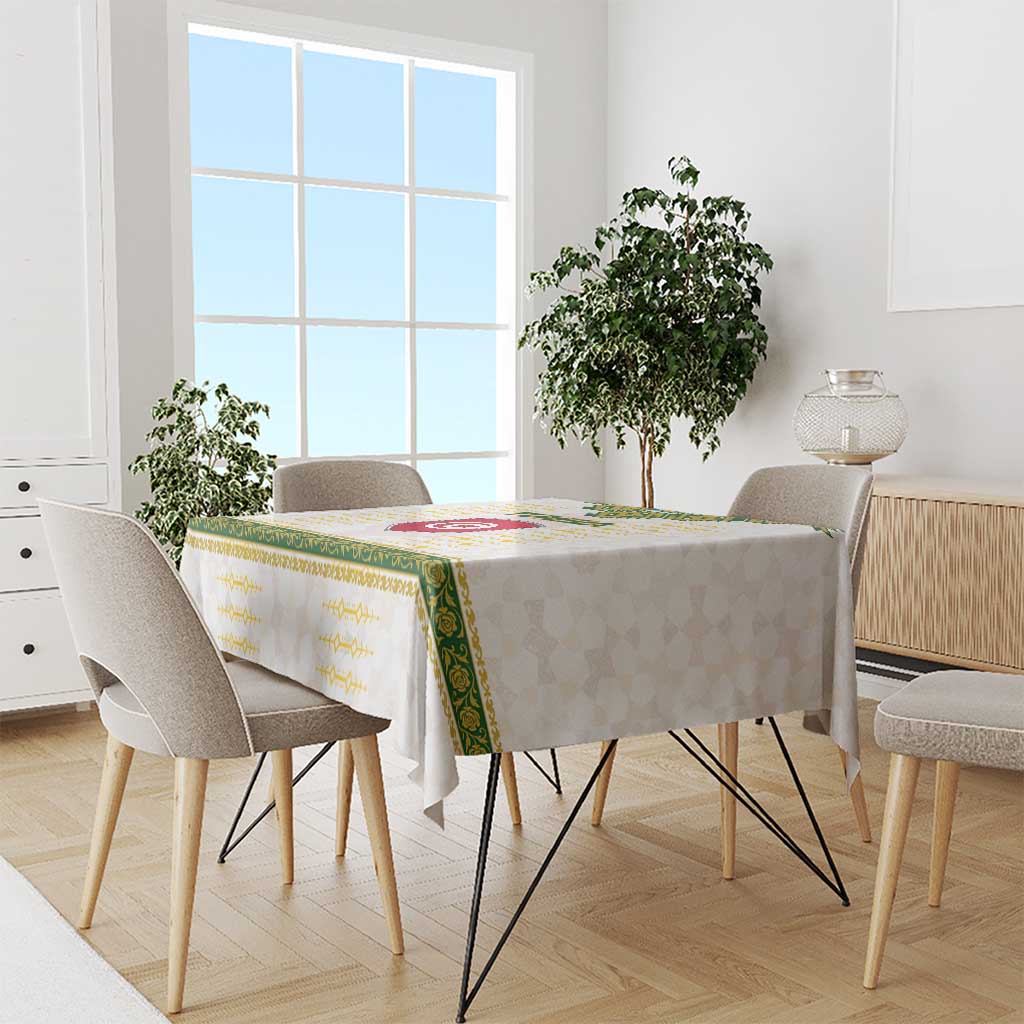 Tunisia Flag Traditional Tribal Pattern Green and White Pullover Tablecloth with National Crest and Emblem