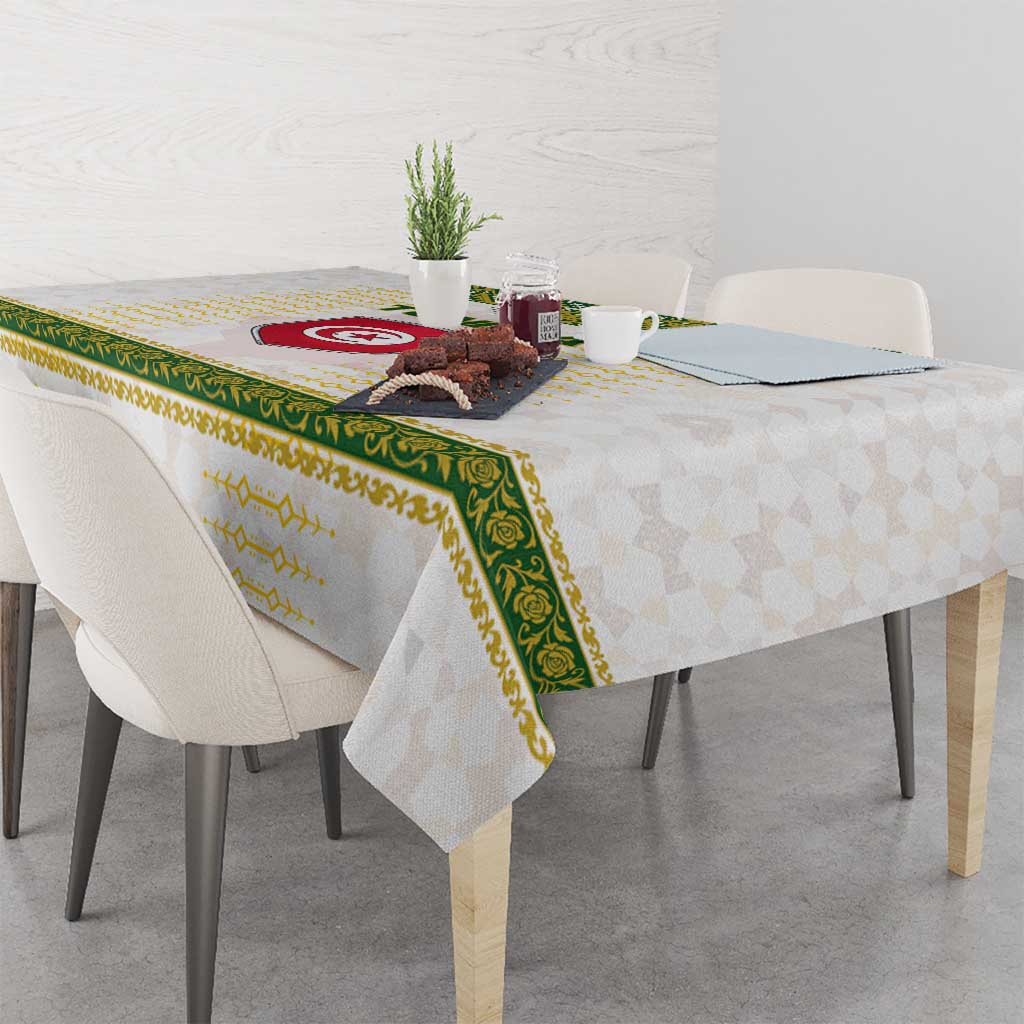 Tunisia Flag Traditional Tribal Pattern Green and White Pullover Tablecloth with National Crest and Emblem