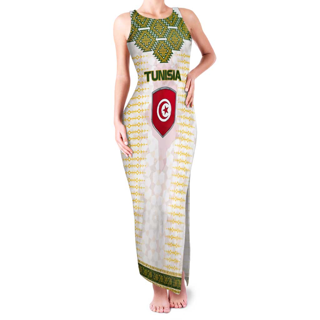 Tunisia Flag Traditional Tribal Pattern Green and White Pullover Tank Maxi Dress with National Crest and Emblem