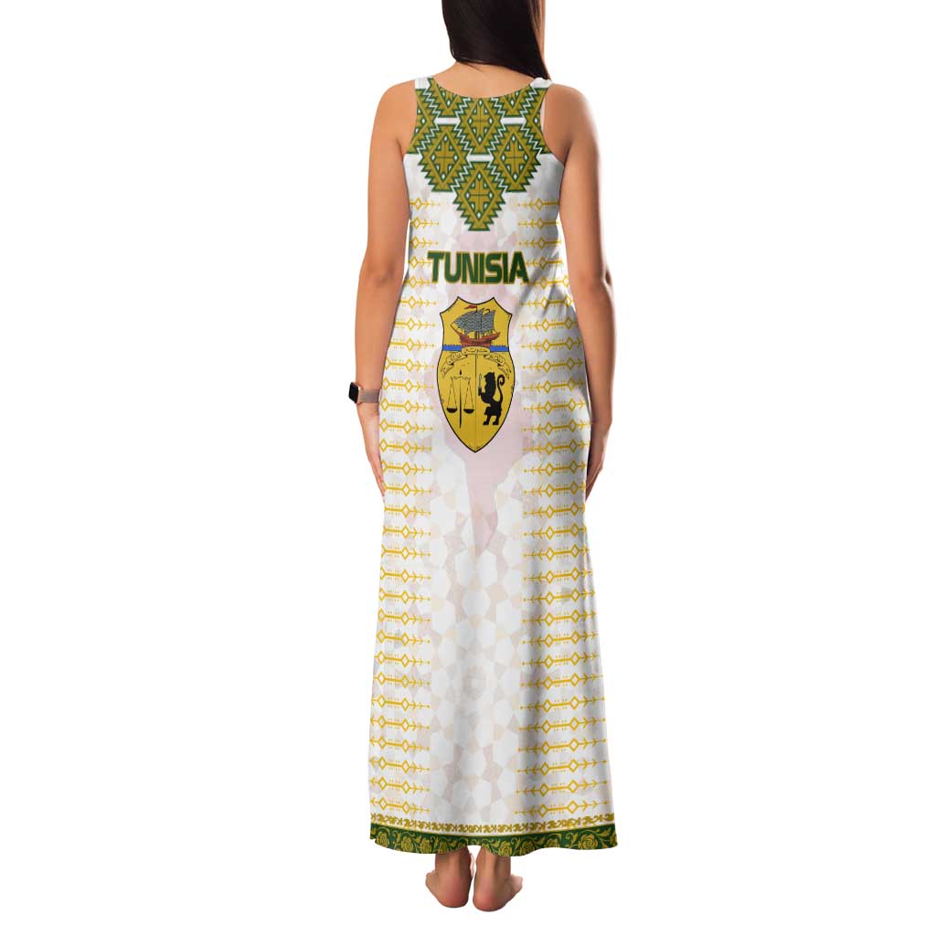 Tunisia Flag Traditional Tribal Pattern Green and White Pullover Tank Maxi Dress with National Crest and Emblem