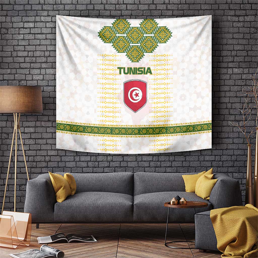 Tunisia Flag Traditional Tribal Pattern Green and White Pullover Tapestry with National Crest and Emblem