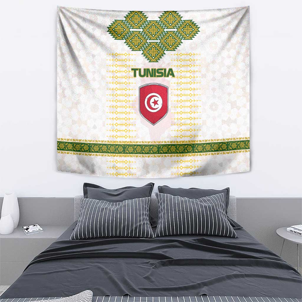 Tunisia Flag Traditional Tribal Pattern Green and White Pullover Tapestry with National Crest and Emblem