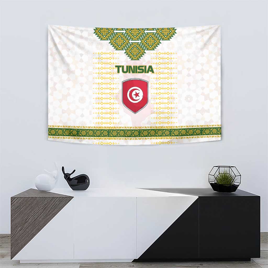 Tunisia Flag Traditional Tribal Pattern Green and White Pullover Tapestry with National Crest and Emblem