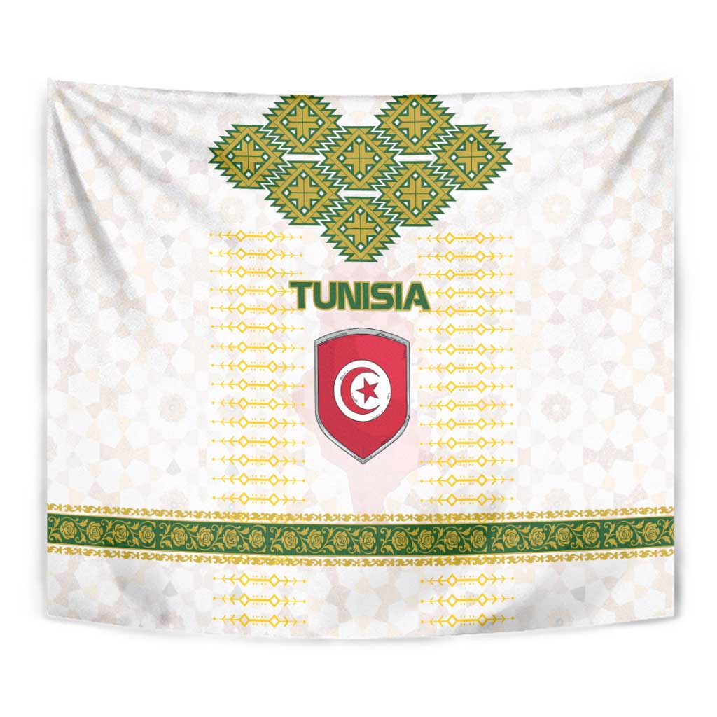 Tunisia Flag Traditional Tribal Pattern Green and White Pullover Tapestry with National Crest and Emblem