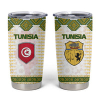 Tunisia Flag Traditional Tribal Pattern Green and White Pullover Tumbler Cup with National Crest and Emblem