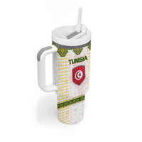 Tunisia Flag Traditional Tribal Pattern Green and White Pullover Tumbler With Handle with National Crest and Emblem