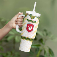 Tunisia Flag Traditional Tribal Pattern Green and White Pullover Tumbler With Handle with National Crest and Emblem