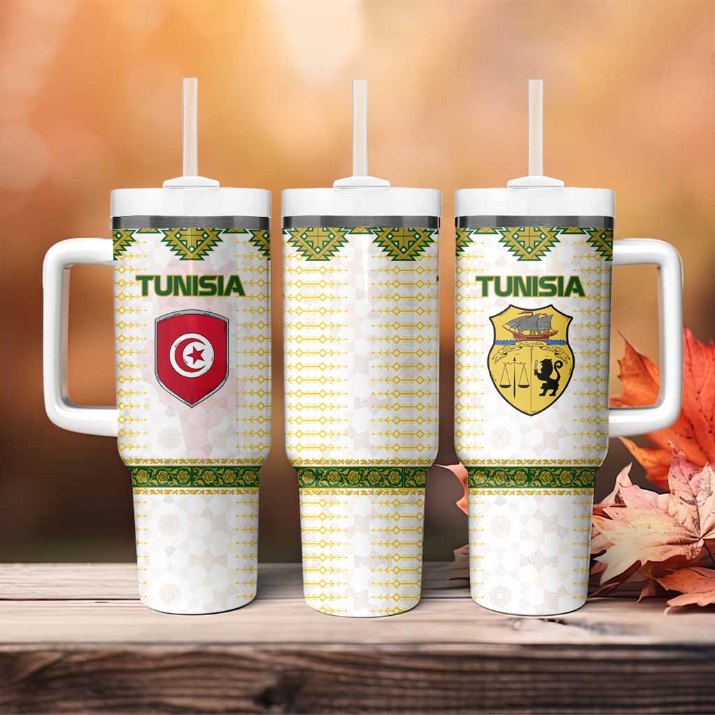 Tunisia Flag Traditional Tribal Pattern Green and White Pullover Tumbler With Handle with National Crest and Emblem
