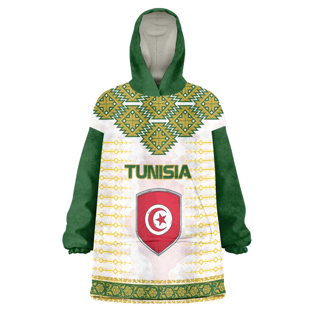 Tunisia Flag Traditional Tribal Pattern Green and White Pullover Wearable Blanket Hoodie with National Crest and Emblem