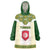 Tunisia Flag Traditional Tribal Pattern Green and White Pullover Wearable Blanket Hoodie with National Crest and Emblem