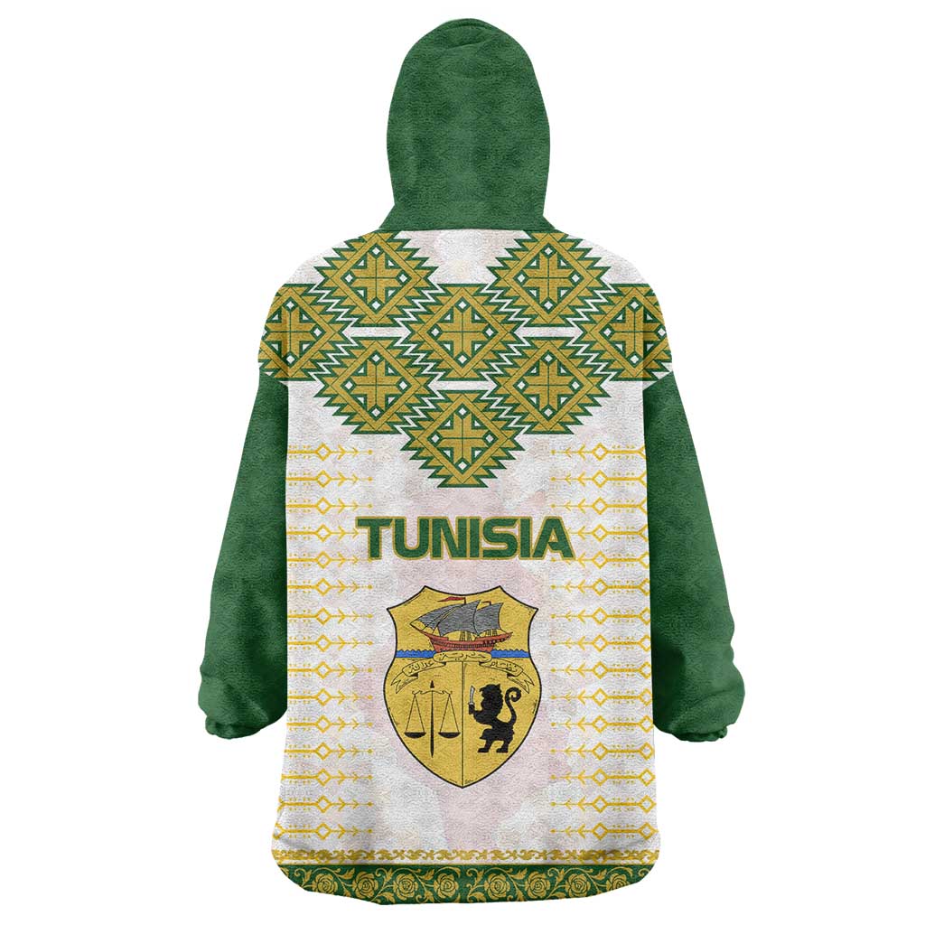 Tunisia Flag Traditional Tribal Pattern Green and White Pullover Wearable Blanket Hoodie with National Crest and Emblem