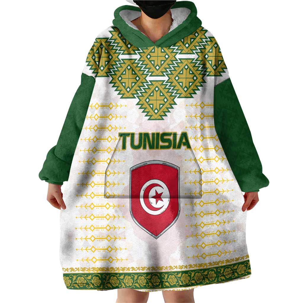 Tunisia Flag Traditional Tribal Pattern Green and White Pullover Wearable Blanket Hoodie with National Crest and Emblem