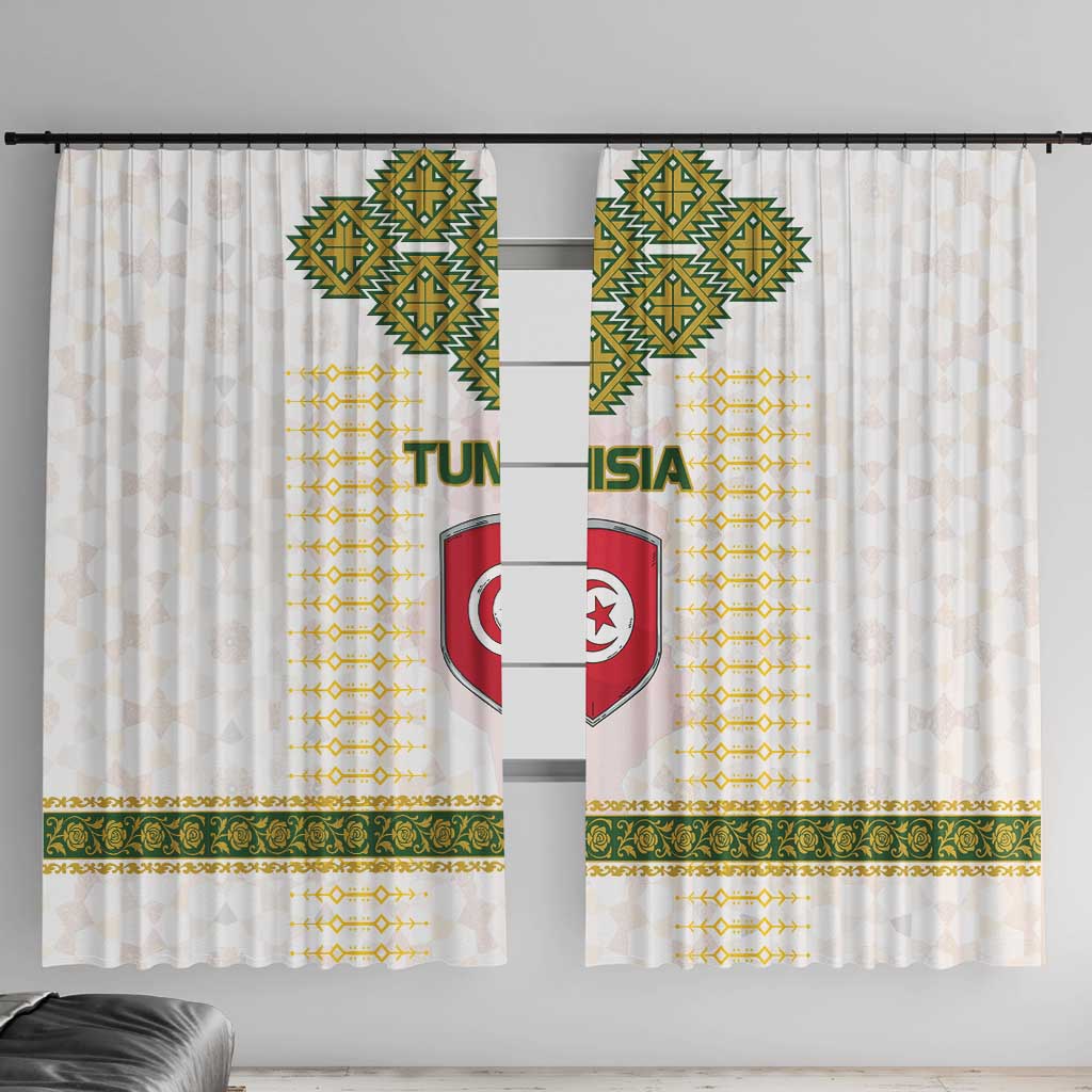 Tunisia Flag Traditional Tribal Pattern Green and White Pullover Window Curtain with National Crest and Emblem