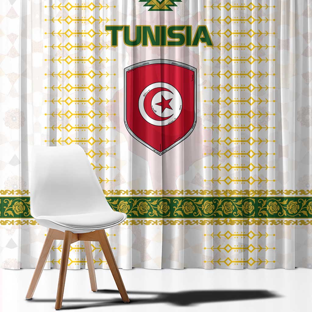 Tunisia Flag Traditional Tribal Pattern Green and White Pullover Window Curtain with National Crest and Emblem