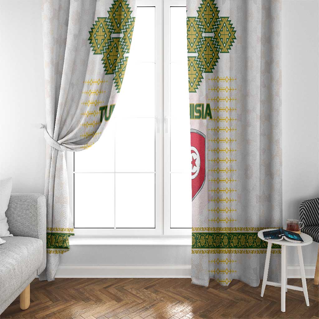 Tunisia Flag Traditional Tribal Pattern Green and White Pullover Window Curtain with National Crest and Emblem