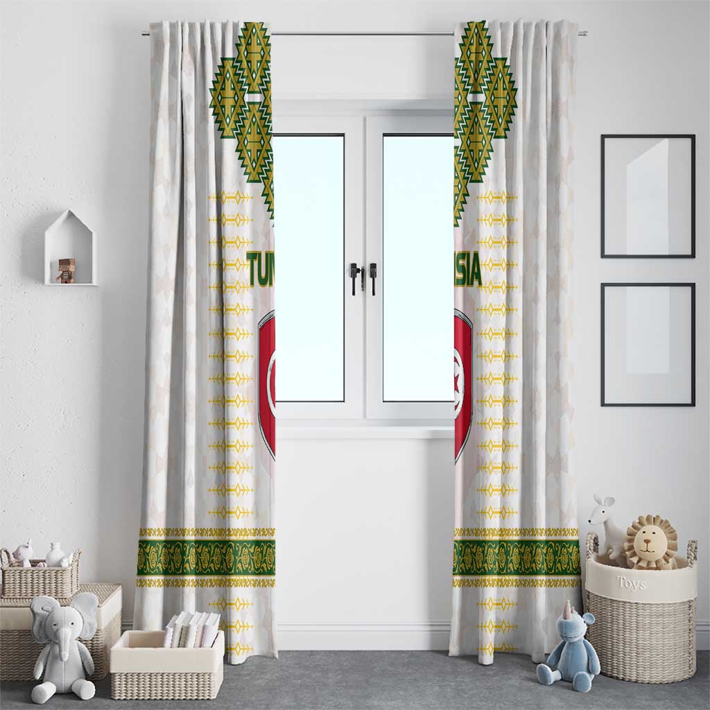 Tunisia Flag Traditional Tribal Pattern Green and White Pullover Window Curtain with National Crest and Emblem