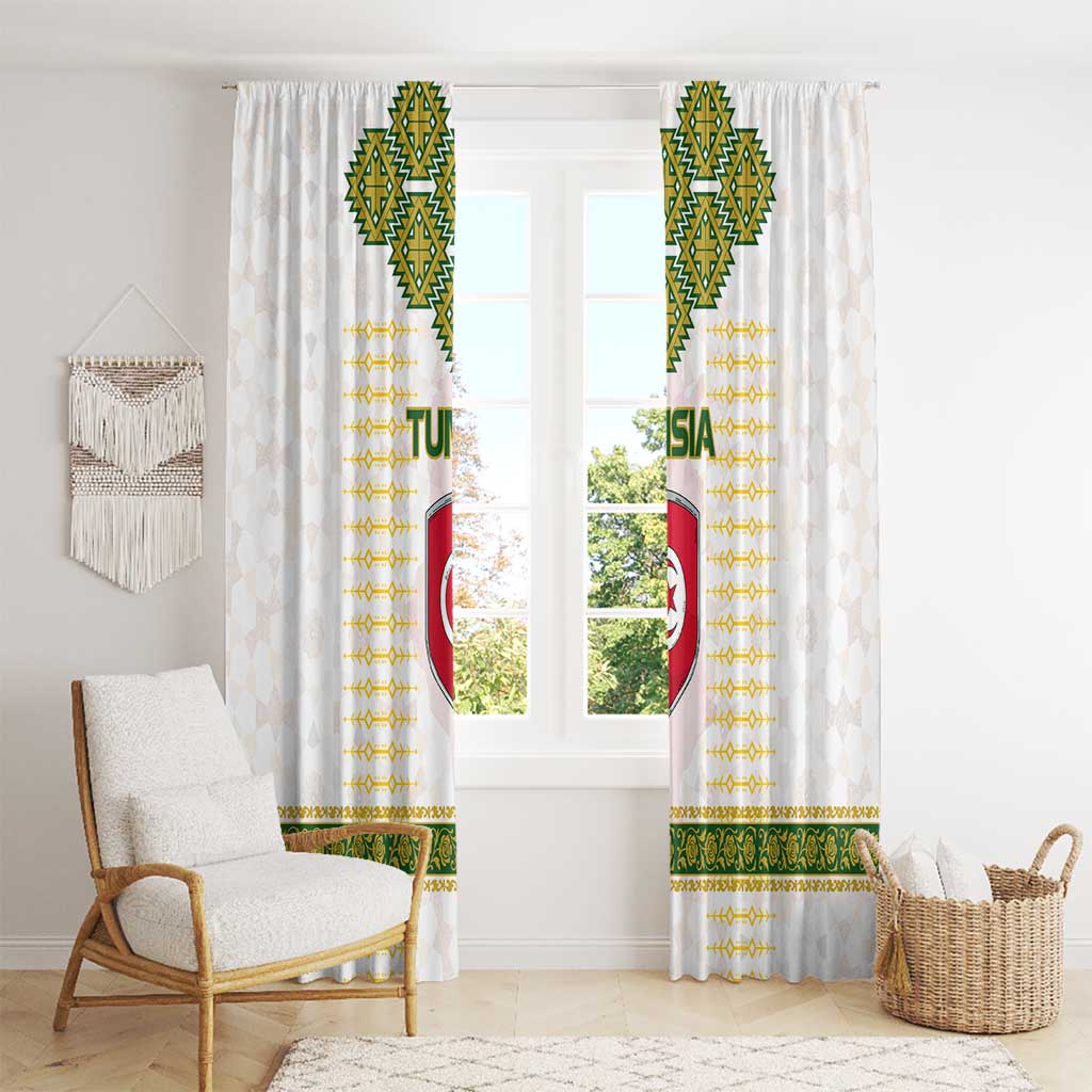 Tunisia Flag Traditional Tribal Pattern Green and White Pullover Window Curtain with National Crest and Emblem
