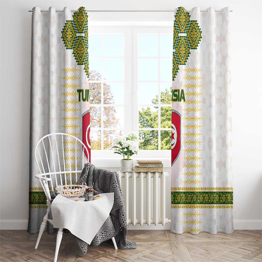 Tunisia Flag Traditional Tribal Pattern Green and White Pullover Window Curtain with National Crest and Emblem