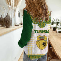 Tunisia Flag Traditional Tribal Pattern Green and White Pullover Women Casual Shirt with National Crest and Emblem
