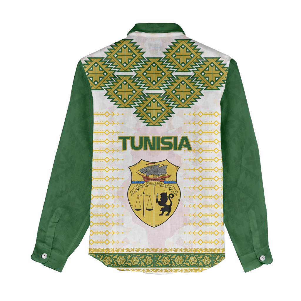 Tunisia Flag Traditional Tribal Pattern Green and White Pullover Women Casual Shirt with National Crest and Emblem